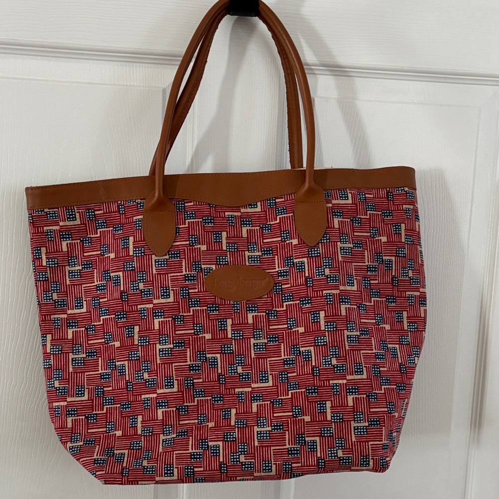 Longaberger American Flag Patterned Tote with Leather handles